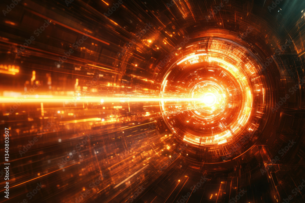 Poster abstract digital art depicting a glowing orange futuristic tunnel, representing high-speed data tran
