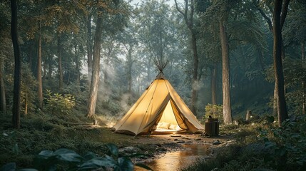 A cozy tent set up in the heart of a forest, with warm light streaming from inside. The peaceful natural surroundings, combined with a flowing stream and towering trees