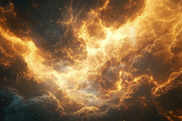 Fiery cosmic clouds illuminate the vast expanse of space, stars scattered amongst swirling nebulae.