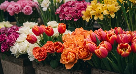 Fototapeta premium Colorful floral arrangement with tulips and roses in a market 