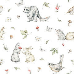 Watercolor seamless pattern with forest animals and natural elements. Rabbits,  badger, raccoon, birds, mushrooms, berries, flowers. Woodland creatures in the wild. Illustration for nursery, wallpaper