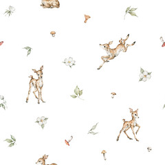 Watercolor seamless pattern with forest animals and natural elements. Baby deers, mushrooms, berries, flowers. Woodland creatures in the wild. Illustration for nursery, wallpaper