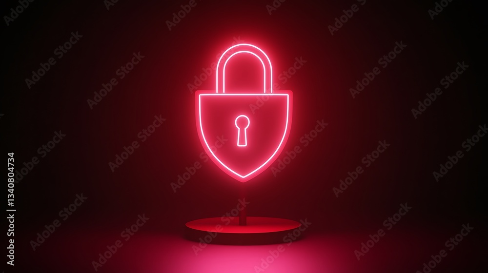 Poster neon lock icon with shield symbol on a dark background in vibrant red light displaying security conc