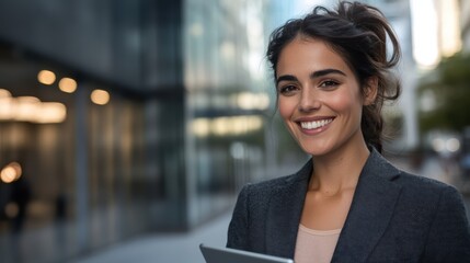 Confident Young Professional With Radiant Smile Tablet In Hand, Dark Hair, Modern Blazer, Clear Skin, Urban Glass Backdrop, Camera Ready For Success
