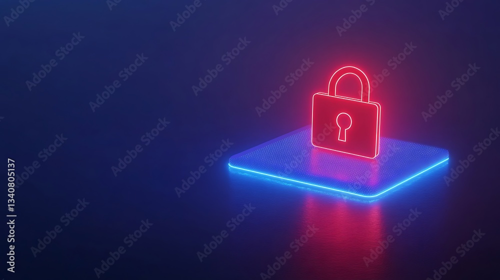 Poster neon lock symbol representing security and data protection in digital environment