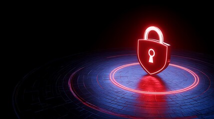 Neon Lock Symbol on Dark Background Representing Cybersecurity and Data Protection Concepts in Digital Era