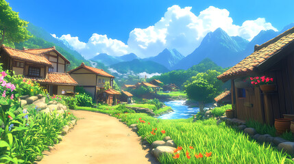 Anime countryside village, peaceful scenery.