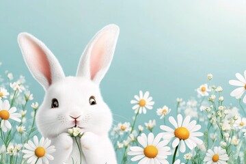 A flat 2D drawing of a rabbit sniffing a flower, with bright, cheerful colors and a clean white background for contrast
