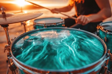 Obraz premium Sunset Drum Solo: Teal Drum Set at Golden Hour