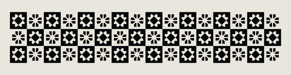  Seamless mid-century geometric floral pattern in black and white. Graphical illustration for a unique wall decor,  banners, textiles and interior design.