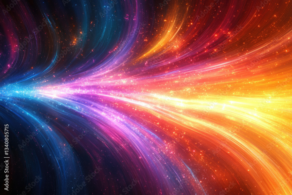 Poster vibrant cosmic rays converge in a dazzling display of light and color, streaking across a starry exp