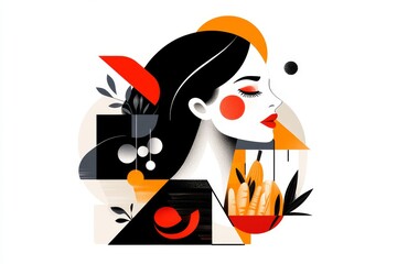 Fototapeta premium A flat vector design of a girl holding a bag filled with groceries, with bold, geometric shapes and a crisp white background