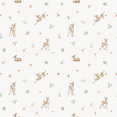 Watercolor seamless pattern with forest animals and natural elements. Baby deers, mushrooms, berries, flowers. Woodland creatures in the wild. Illustration for nursery, wallpaper