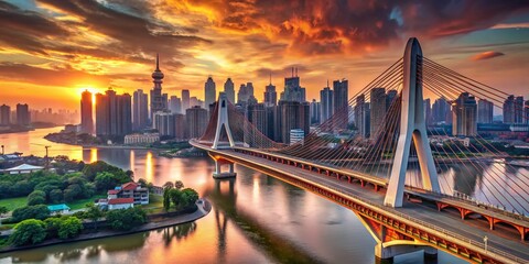 Obraz premium Stunning Chinese Cityscape: Suspension Bridge & Downtown Architecture at Dusk