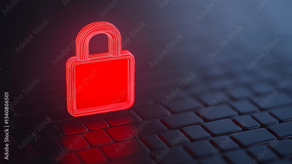 Poster neon red lock icon on dark keyboard background symbolizing digital security and data protection conc