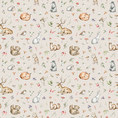 Watercolor seamless pattern with forest animals and natural elements. Bear, fox, deer, badger, rabbit, mushrooms, leaf, flowers. Woodland creatures in the wild. Illustration for nursery, wallpaper