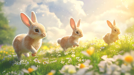 Obraz premium Easter bunnies playing tag in a blooming meadow on a sunny spring day.