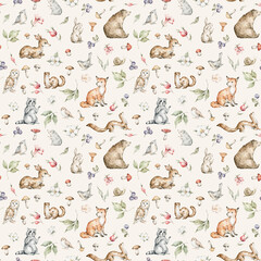 Watercolor seamless pattern with forest animals and natural elements. Bear, fox, deer, raccoon, rabbit, mushrooms, leaf, flowers. Woodland creatures in the wild. Illustration for nursery, wallpaper
