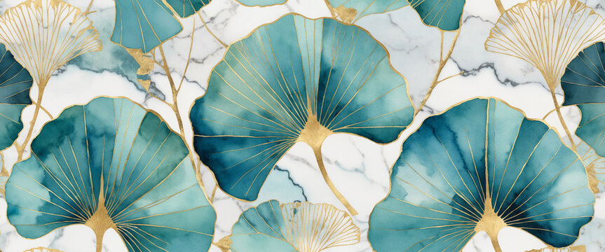 Art Deco Ginkgo - Vibrant Watercolor with Gold and Azure Elegance