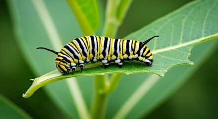 Naklejka premium A Monarch Butterfly Caterpillar Feeding on a Milkweed Leaf_