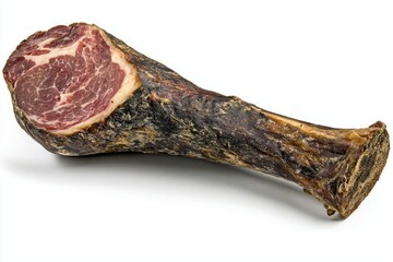 Iberian ham leg displaying its marbling texture and bone in a close up studio shot against white background