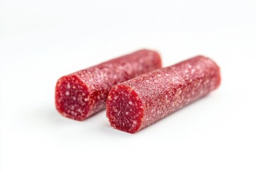 Two Salami Snacks on White Surface Close Up Horizontal Meat Delicatessen Savory Gastronomy Rawness Cuisine