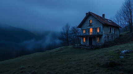Fototapeta premium Lonely House on a Foggy Hill at Dusk