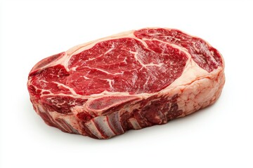 Fototapeta premium Exquisite Fresh Ribeye Steak Cut Premium Beef Rich Marbling on White Backdrop Culinary Art Isolated