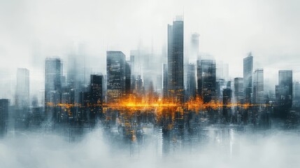 Modern city skyline obscured by fog and digital distortion