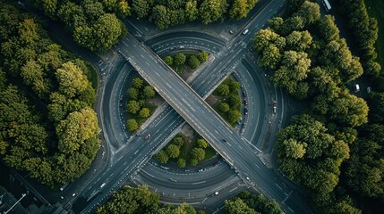 An aerial view of a busy city intersection, showcasing intersecting roads surrounded by lush green trees, capturing a blend of nature and urban infrastructure in a harmonious design