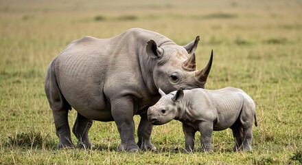 Fototapeta premium A Mother Black Rhinoceros and Her Calf