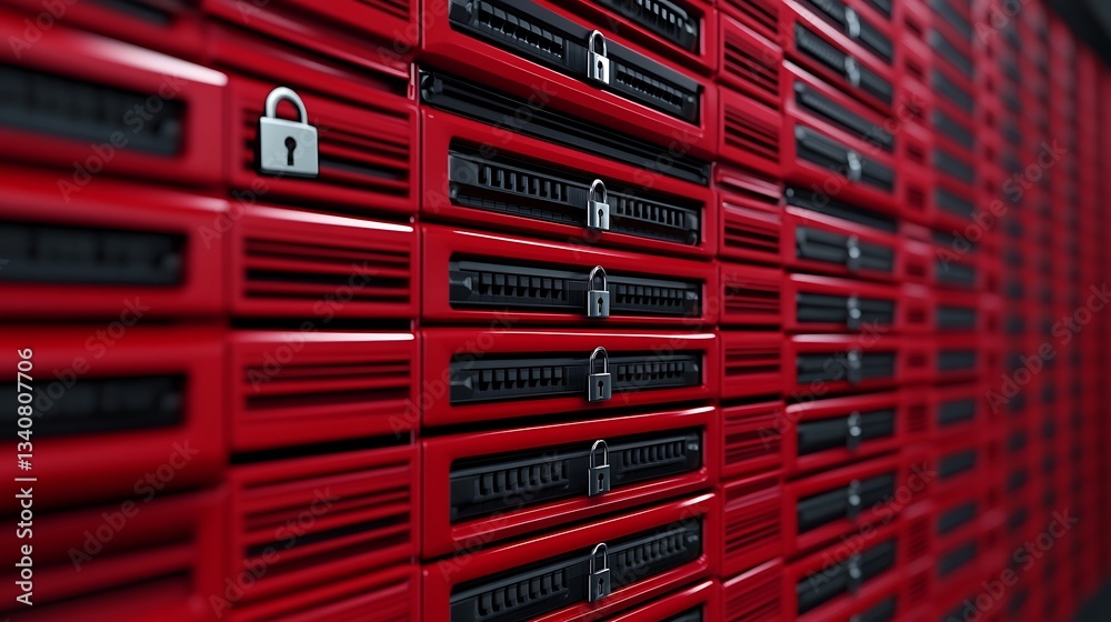 Poster red data storage units with security locks for data protection in modern technology environment