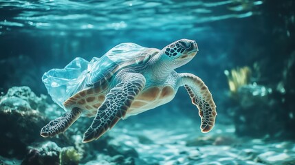 Fototapeta premium Ocean turtle entangled plastic bag coral reef pollution awareness