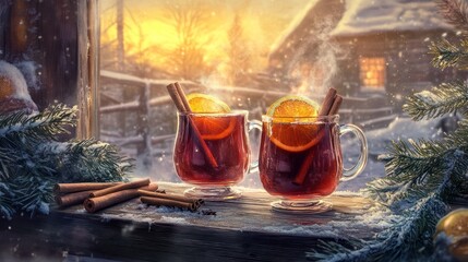 Winter sunset mulled wine window scene