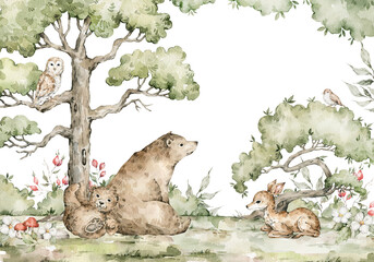 Watercolor composition with forest animals and natural elements. Deer, bears, owl, green trees, pine, fir, berries. Woodland fairy creatures in the wild. Illustration for nursery, wallpaper © Kate K.