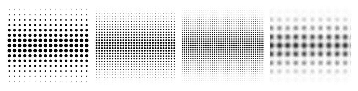 Set of halftone circle dots gradient pattern textures. Half tone dots backgrounds. Horizontal templates using halftone dots pattern. Vector illustration