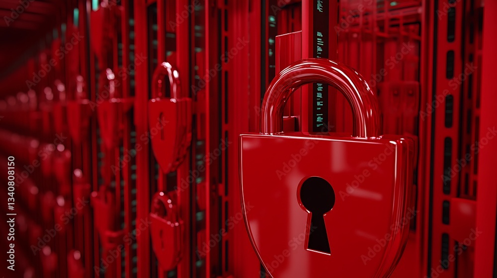 Poster red digital security concept with lock and server background for data protection and cybersecurity t