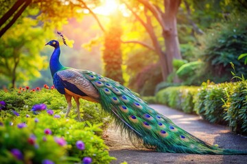 Obraz premium Stunning Panoramic View of a Peacock Displaying its Majestic Tail Feathers