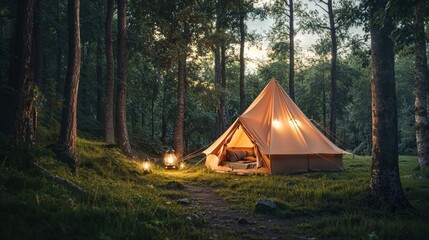 A serene camping scene showing a beautiful tent set up in a lush green forest, illuminated by lanterns with a peaceful ambiance, offering a cozy escape into nature