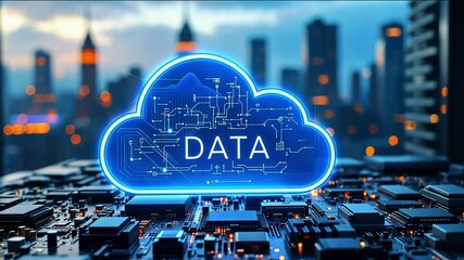 Futuristic digital cloud symbolizing data storage and processing over a city skyline at dusk - Powered by Adobe