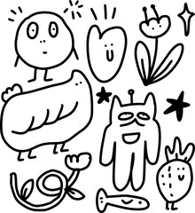 outline of cute doodles for templates.
