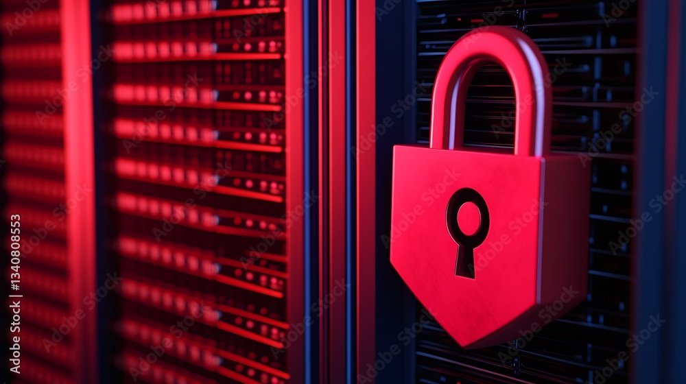 Poster red lock symbol on server rack representing data security and protection in digital information syst