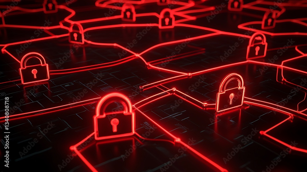 Poster red neon locks on digital network displaying cybersecurity concept in abstract technology background
