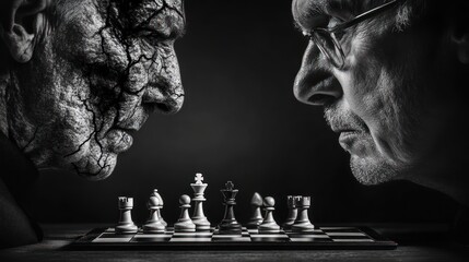 Aged rivals face off in intense chess game, dark studio