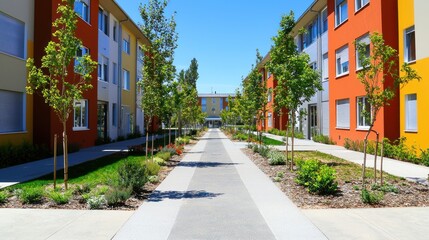 Modern Apartment Complex Pathway: Vibrant Colors and Lush Greenery