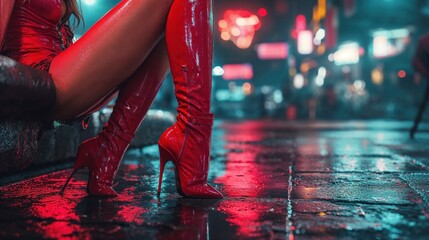 A bold shot of high-heeled red boots glistening on a wet, neon-lit street at night. The vibrant reflection from the neon lights adds an edgy, urban touch to this stylish, contemporary fashion moment