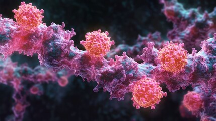 Obraz premium Microscopic virus replication, dark background, medical research