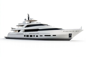 A luxury yacht isolated on a white background, showcasing its elegant design, spacious deck, and high-end features