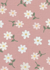 digital pattern featuring white daisies with yellow centers and green stems on a pink background. The background has a textured, slightly distressed look.