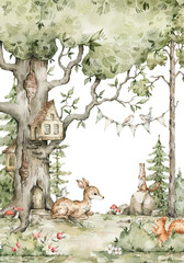 Watercolor composition with forest animals and natural elements. Deer, squirrel, weasel, green trees, pine, fir, treehouse. Woodland fairy creatures in the wild. Illustration for nursery, wallpaper © Kate K.